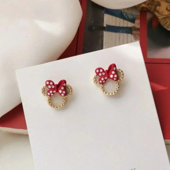 Dainty Gold Minnie Mouse Bow Stud Earrings Minnie Gold & Red Polka Dot Studs - Picture 9 of 9